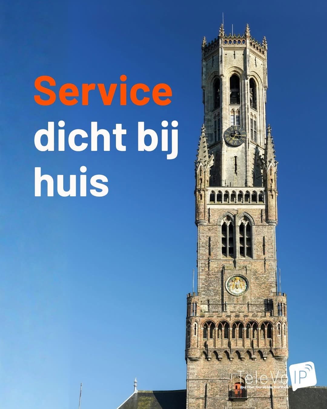 Belfort van Brugge met TeleVoIP slogan
